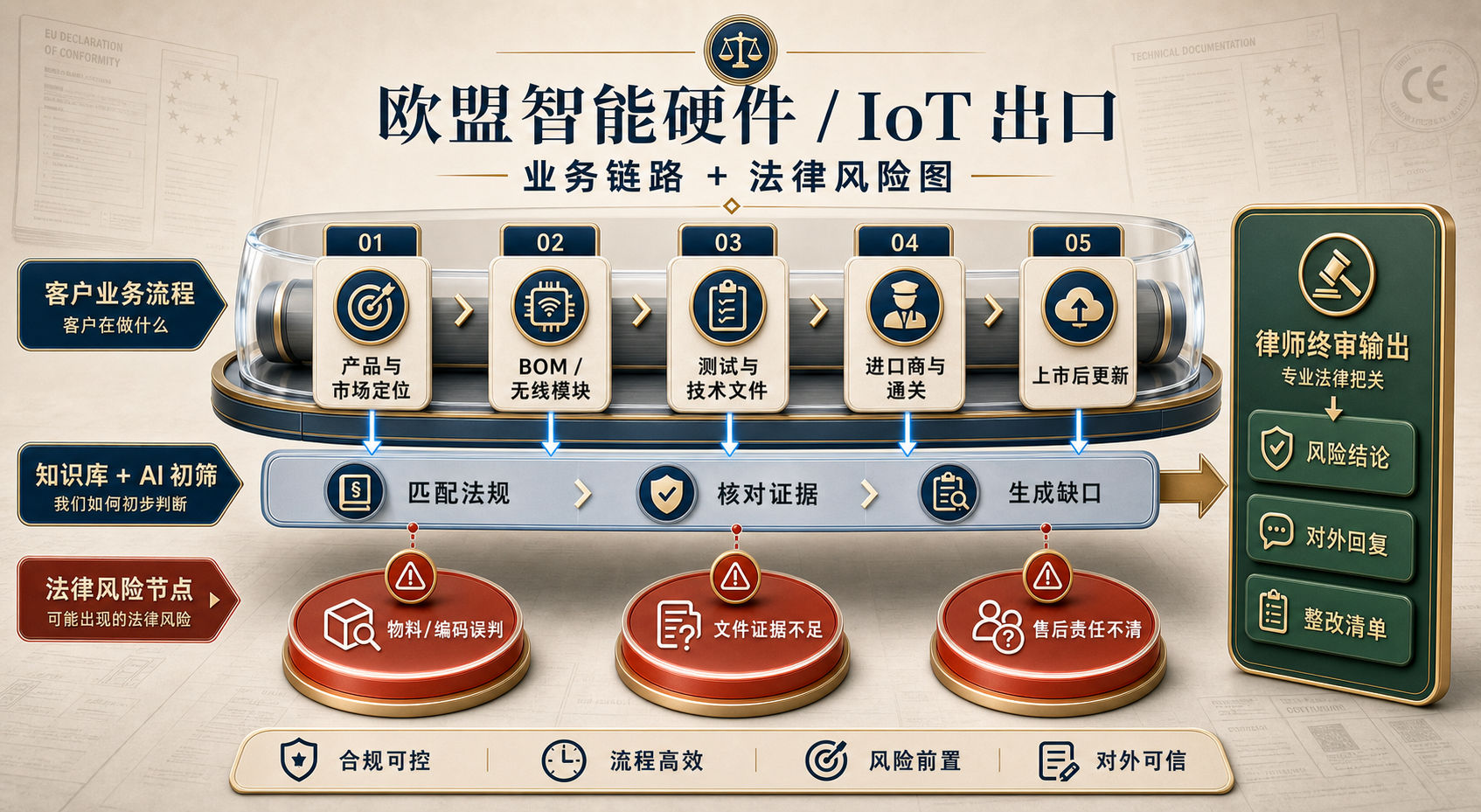 欧盟智能硬件和 IoT 出口的三维业务链路与法律风险图，展示客户业务流程、知识库与 AI 初筛、法律风险节点和律师终审输出